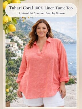 Tahari Coral 100% Linen Tunic Top | Lightweight Summer Beachy Blouse